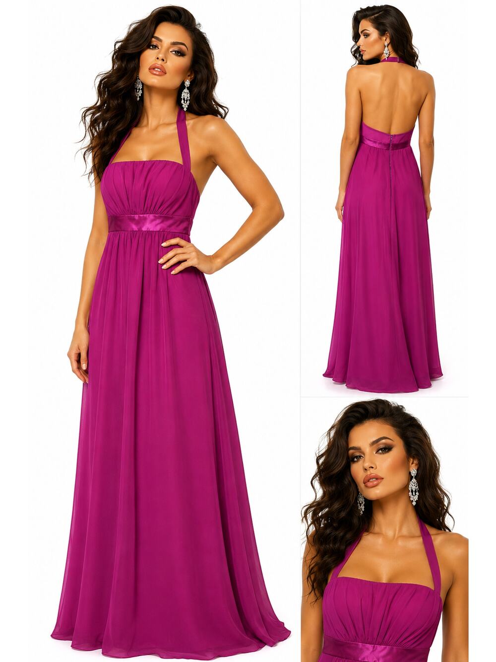 Alfred Angelo Womens 10 Fuchsia Halter Maxi Dress Empire Waist Formal Prom Gown